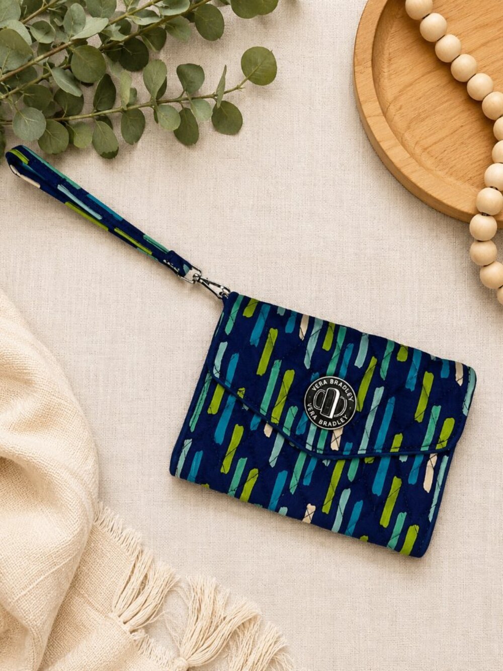 Vera Bradley Blue Green Wristlet Wallet RFID Clutch Zip Organizer